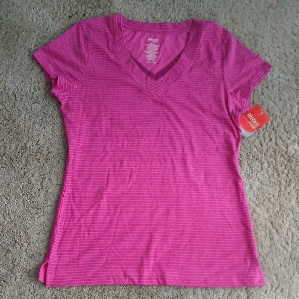 Danskin Fuschia/purple Striped V-Neck Short Sleeve Tee